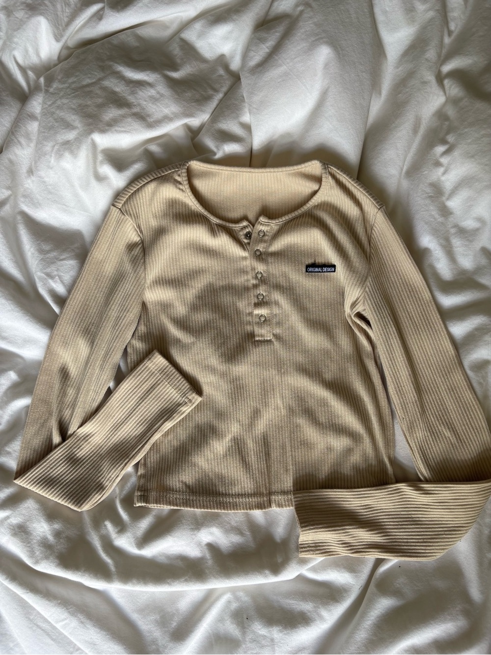Ribbed Henley Long Sleeve Tee - Beige
